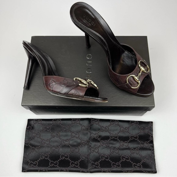 Gucci Hollywood Leather Horsebit Mule open toe Brown GG monogram heels US 8.5 - Picture 1 of 16